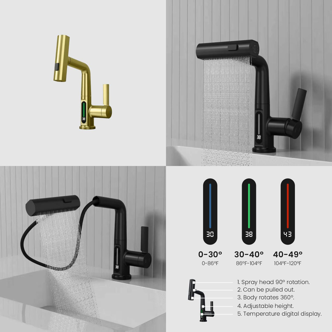 Aqua Klein Single Lever Temperature Digital Display Faucet Brushed Gold