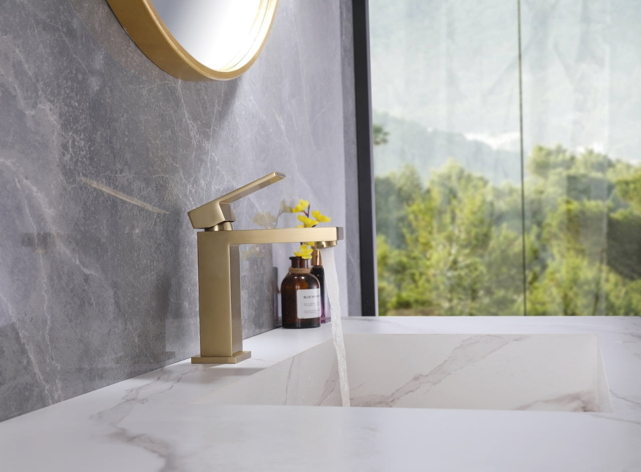 Aqua Kubo by KubeBath Single Lever Bathroom Vanity Faucet Brushed Gold