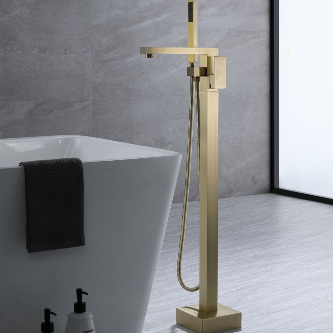 Aqua Squadra Floor Mounted Soaker Tub Faucet Brushed Gold