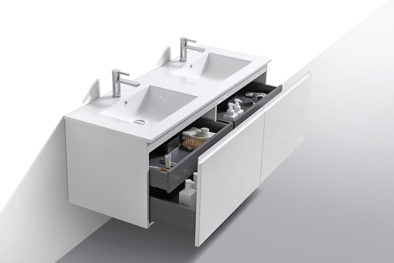 60'' Balli Double Sink Modern Wall Mount Bathroom Vanity Gloss White