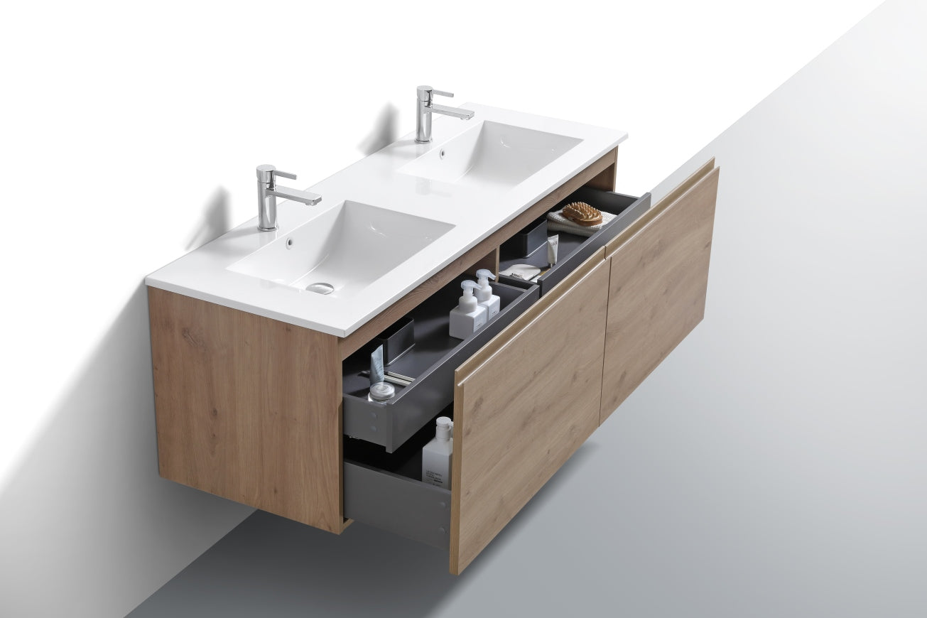 60'' Balli Double Sink Modern Wall Mount Bathroom Vanity White Oak