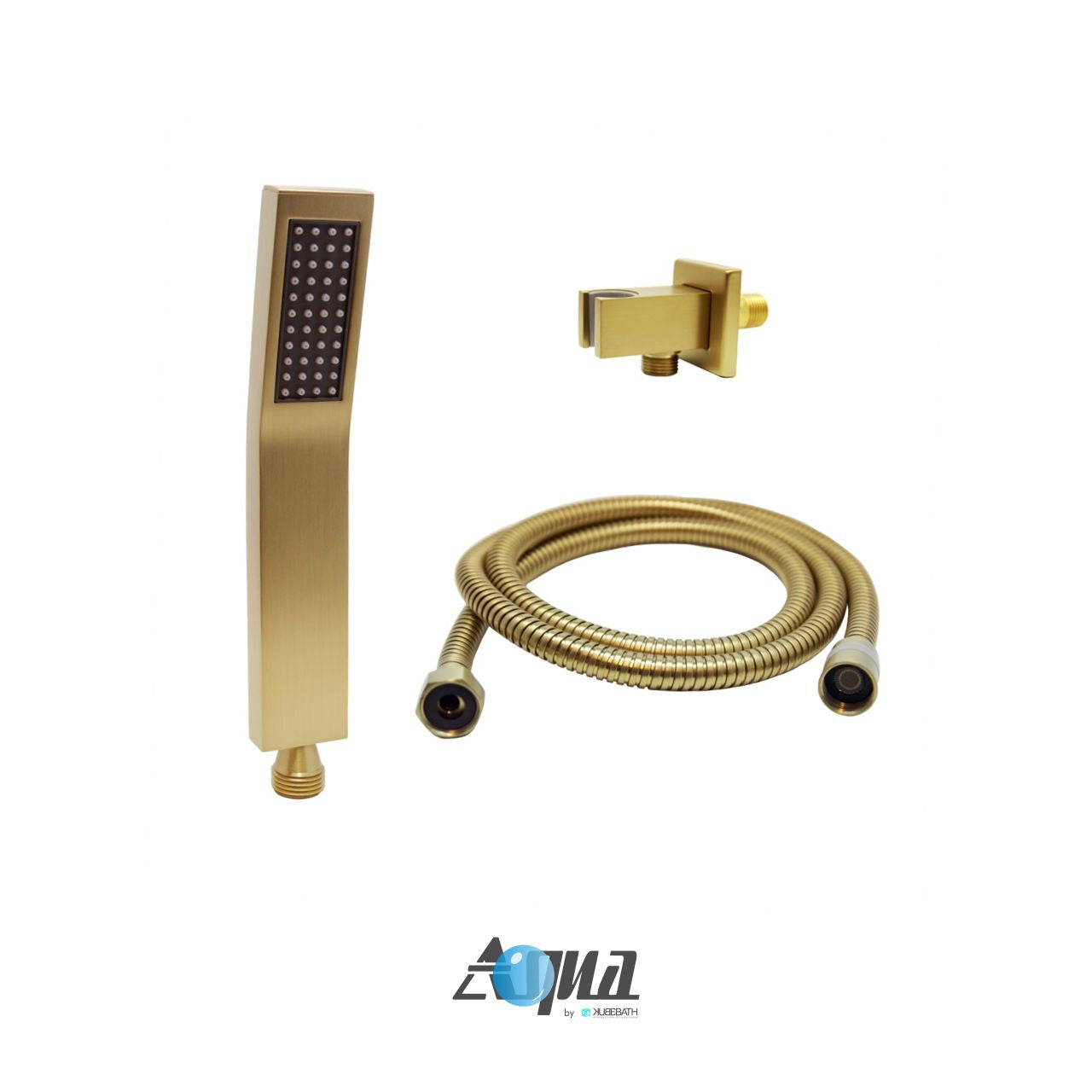 Aqua Piazza Brushed Gold Brass Shower Set w/ 8" Ceiling Mount Square Rain Shower, Handheld and Tub Filler