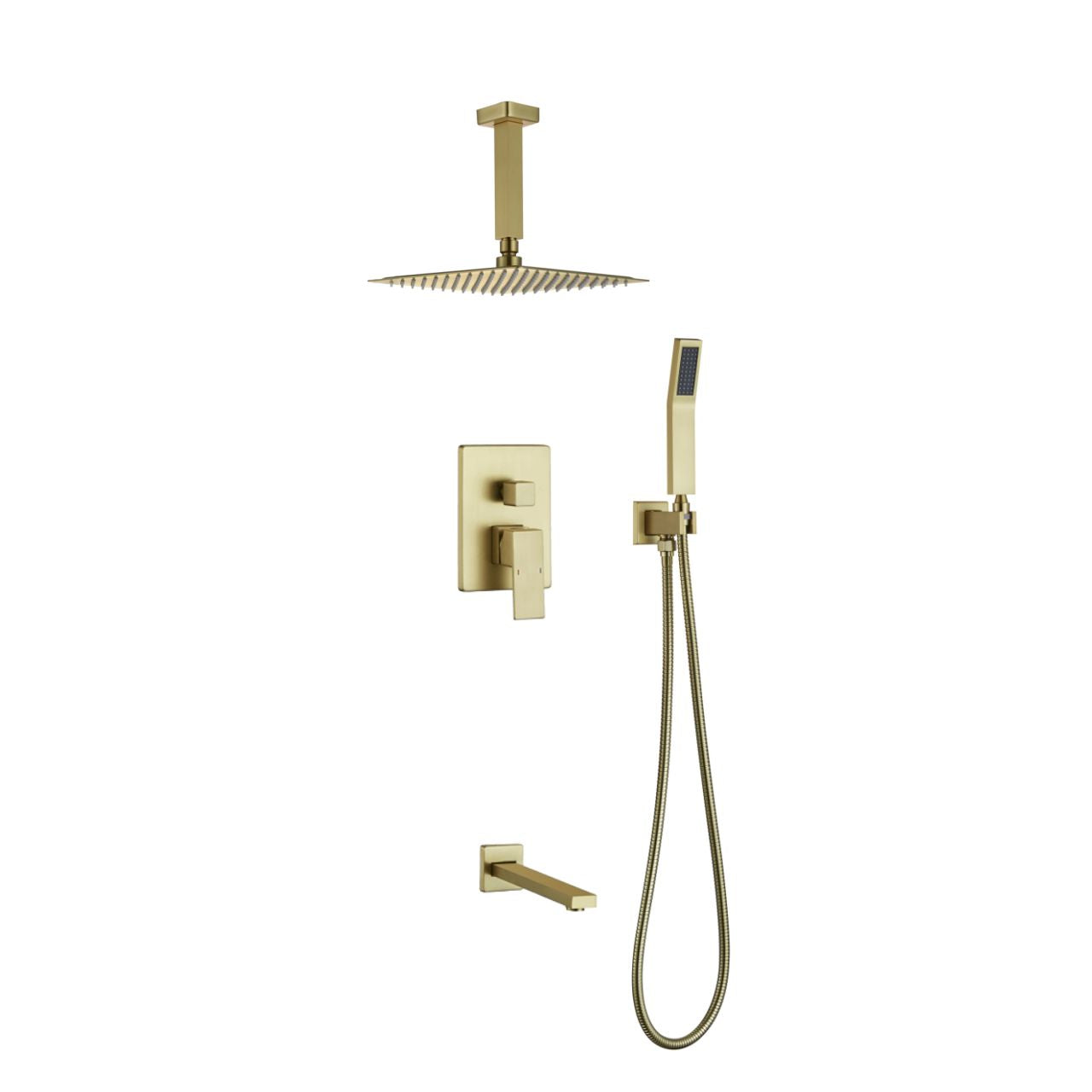 Aqua Piazza Brushed Gold Brass Shower Set w/ 8" Ceiling Mount Square Rain Shower, Handheld and Tub Filler