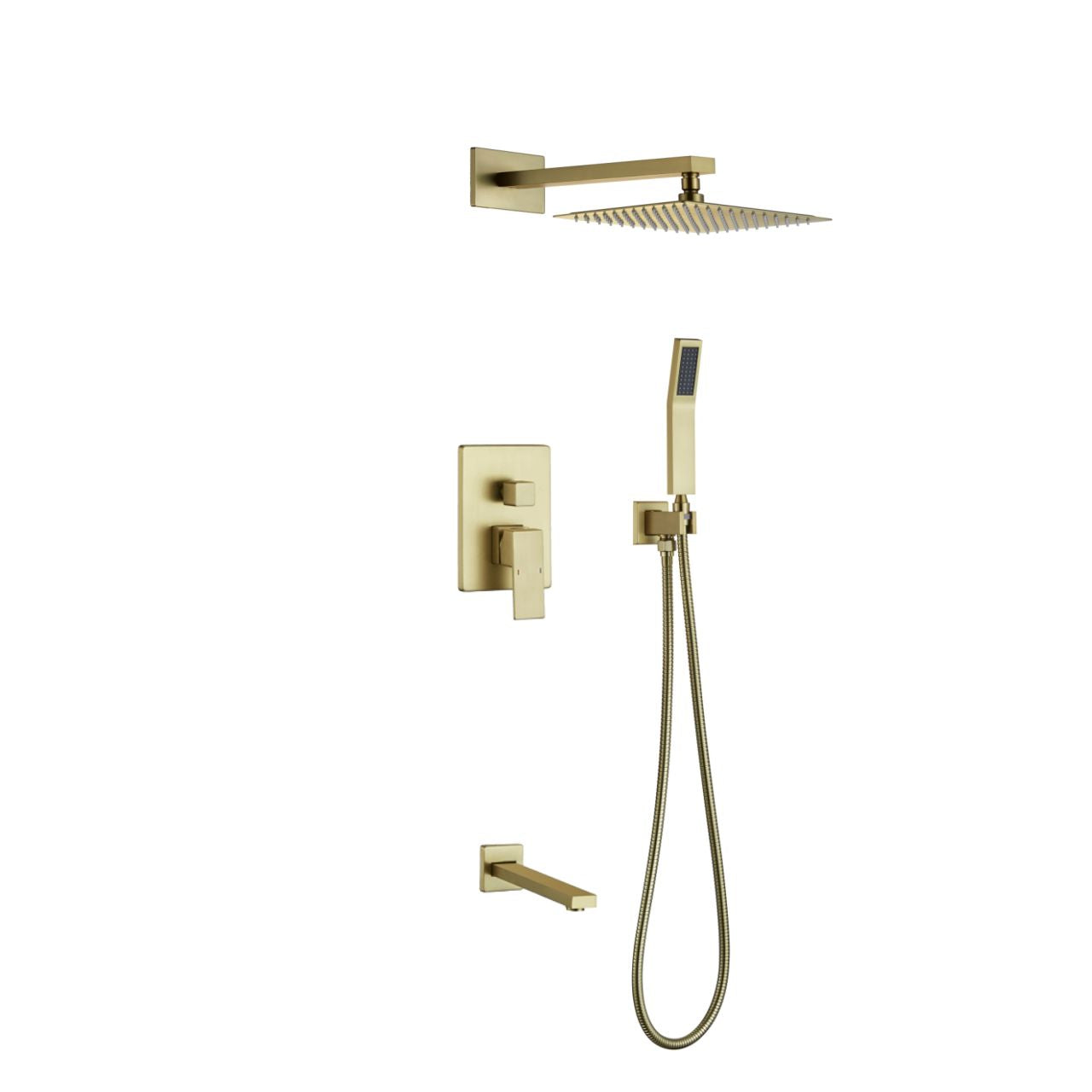 Aqua Piazza Brushed Gold Brass Shower Set w/ 8" Square Rain Shower, Tub Filler and Handheld