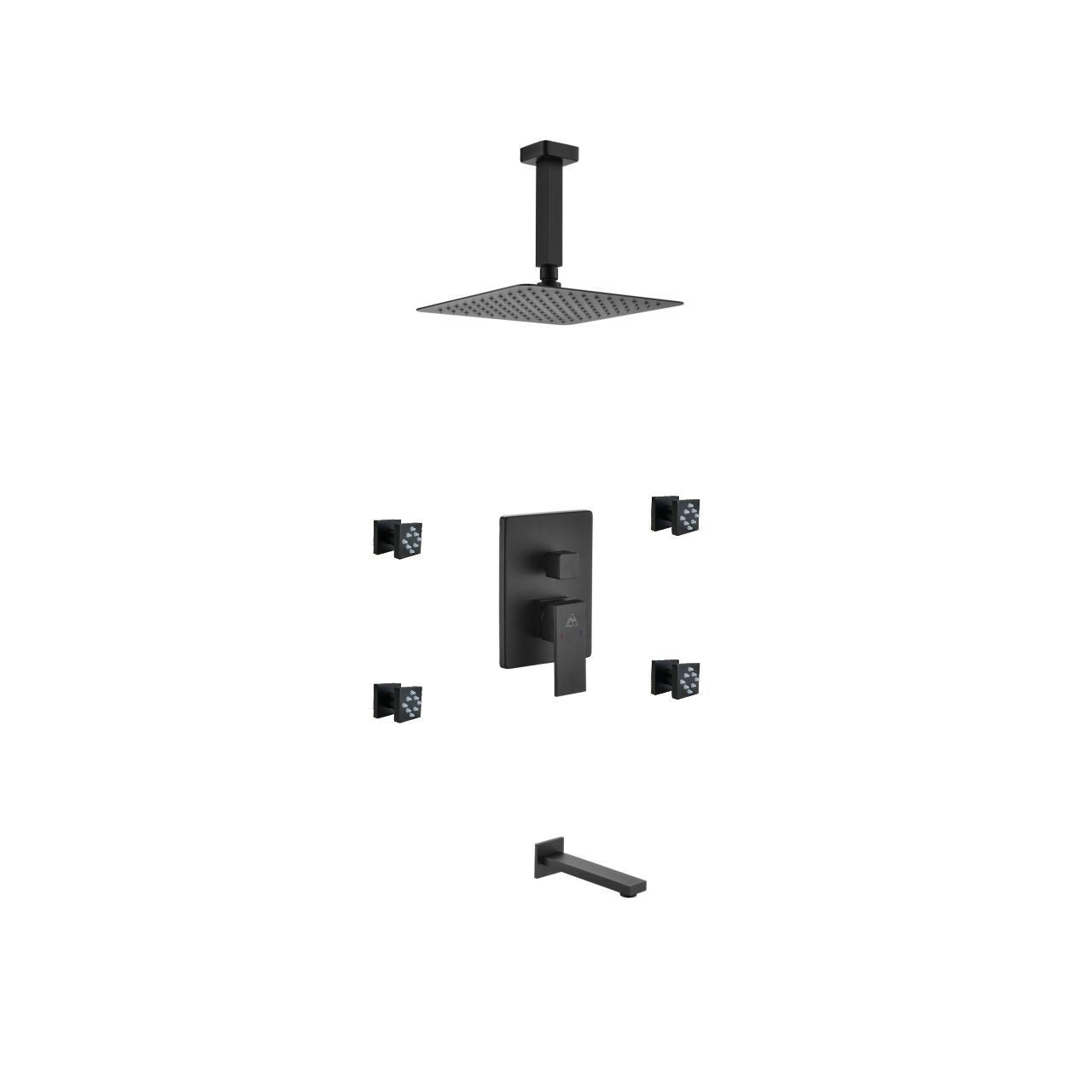 Aqua Piazza Black Shower Set w/ 8" Ceiling Mount Square Rain Shower, Tub Filler and 4 Body Jets