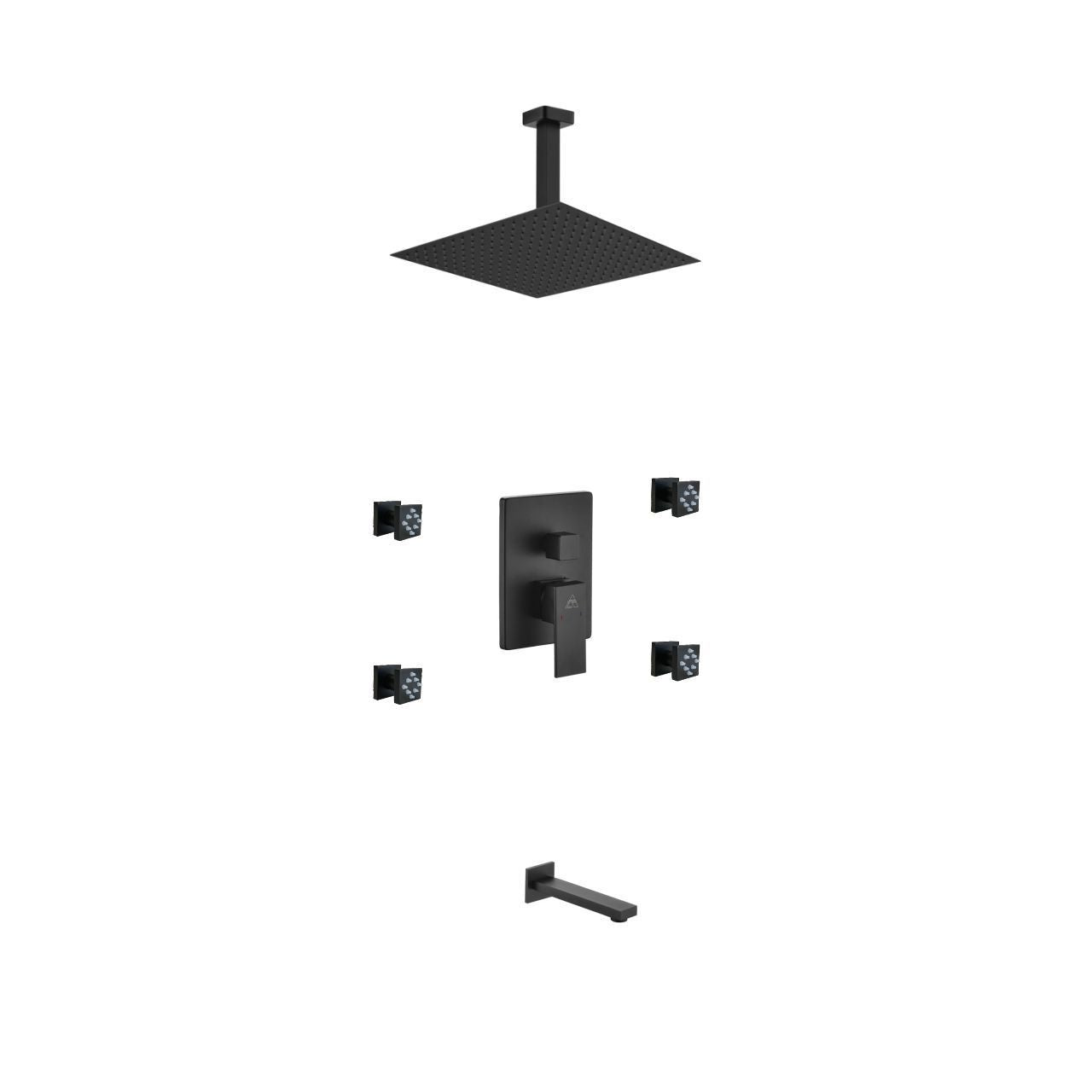 Aqua Piazza Black Shower Set w/ 12" Ceiling Mount Square Rain Shower, Tub Filler and 4 Body Jets