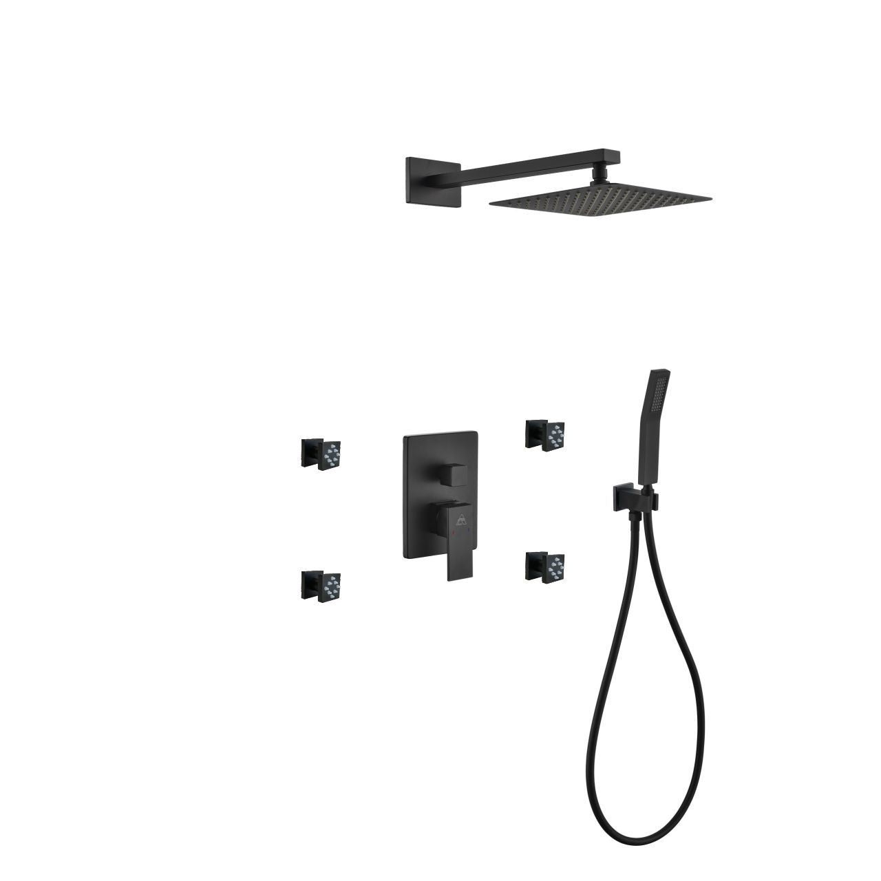 Aqua Piazza Black Brass Shower Set w/ 8" Square Rain Shower, 4 Body Jets and Handheld