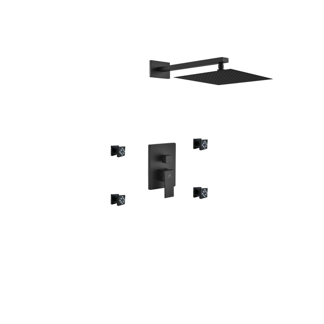 Aqua Piazza Black Shower Set w/ 12" Square Rain Shower and 4 Body Jets