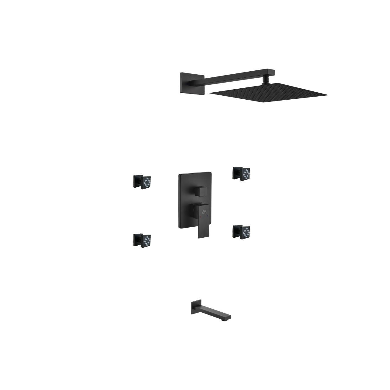 Aqua Piazza Black Shower Set w/ 12" Square Rain Shower, Tub Filler and 4 Body Jets