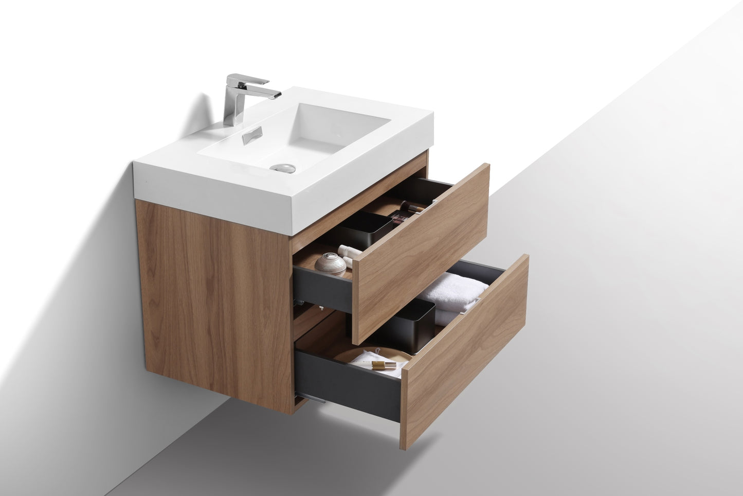 Bliss 30" Honey Oak Wood Wall Mount Modern Bathroom Vanity