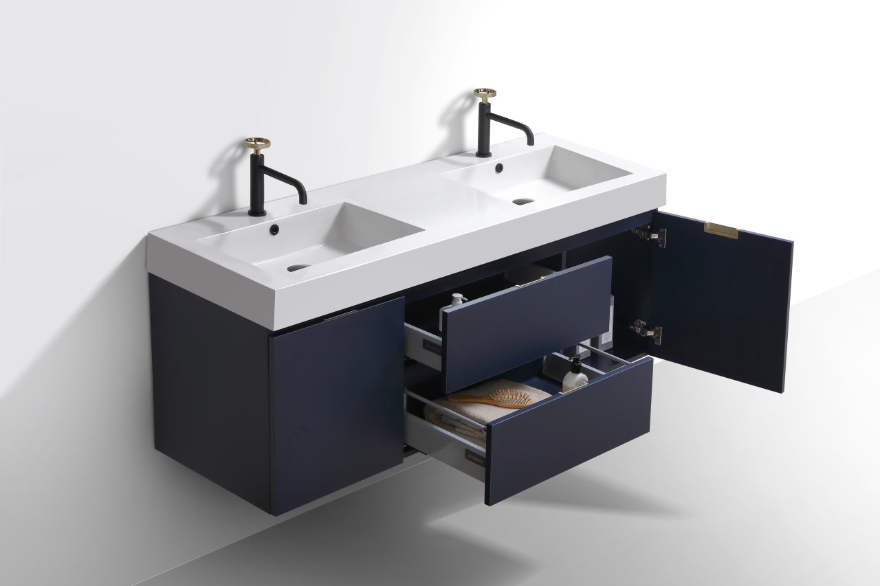 Bliss 60" Wood Navy Blue Wall Mount Double Sink Modern Bathroom Vanity