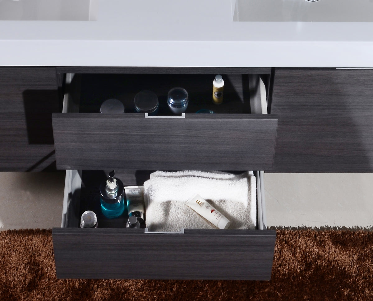 Bliss 60" Gray Oak Wall Mount Double Sink Modern Bathroom Vanity