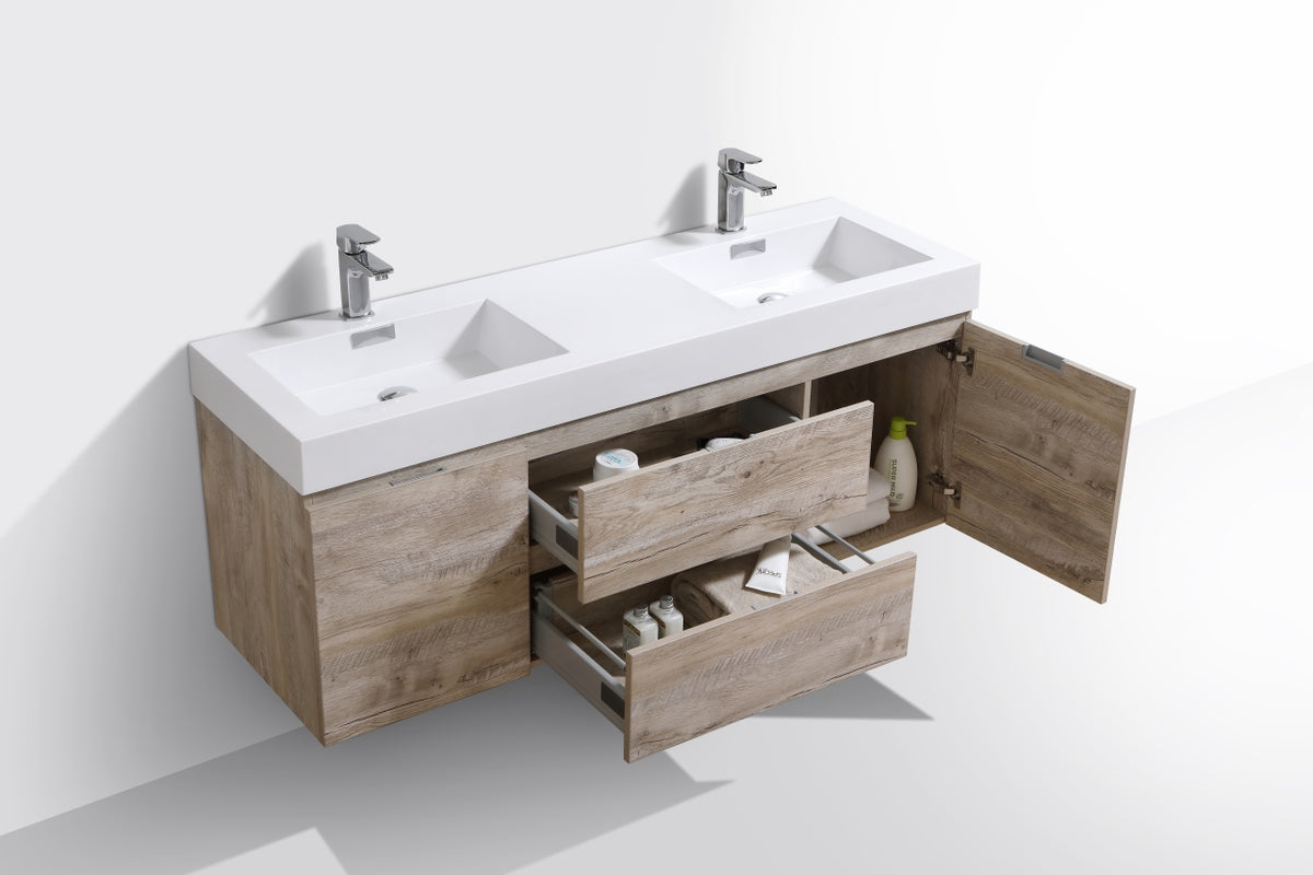Bliss 60" Nature Wood Wall Mount Double Sink Modern Bathroom Vanity
