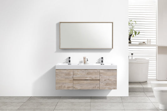 Bliss 60" Nature Wood Wall Mount Double Sink Modern Bathroom Vanity