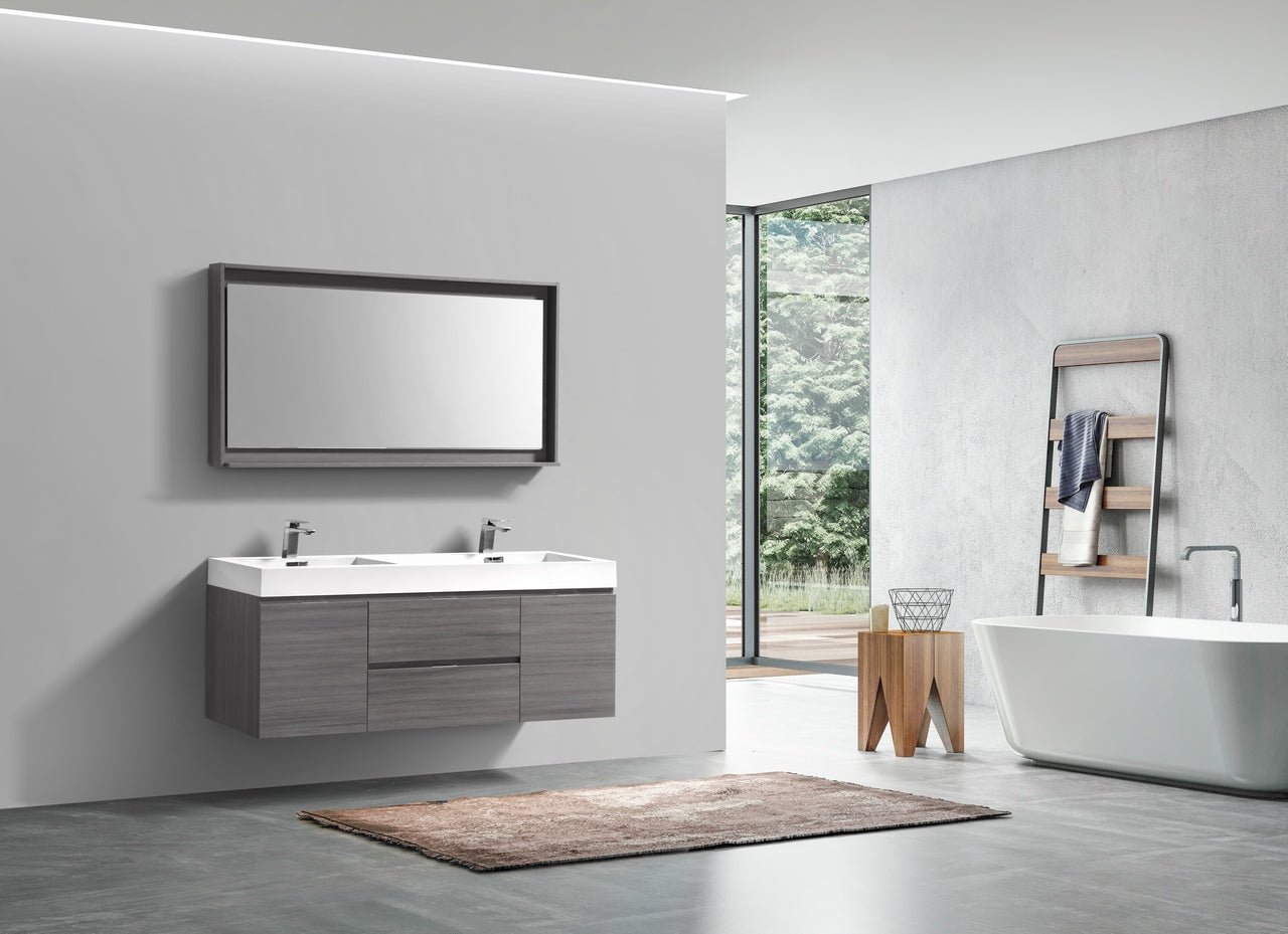 Bliss 60" Vulcan Ash Grey Wall Mount Double Sink Modern Bathroom Vanity