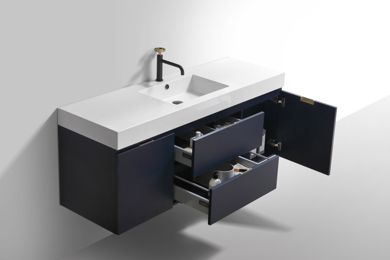 Bliss 60" Navy Blue Wall Mount Single Sink Modern Bathroom Vanity
