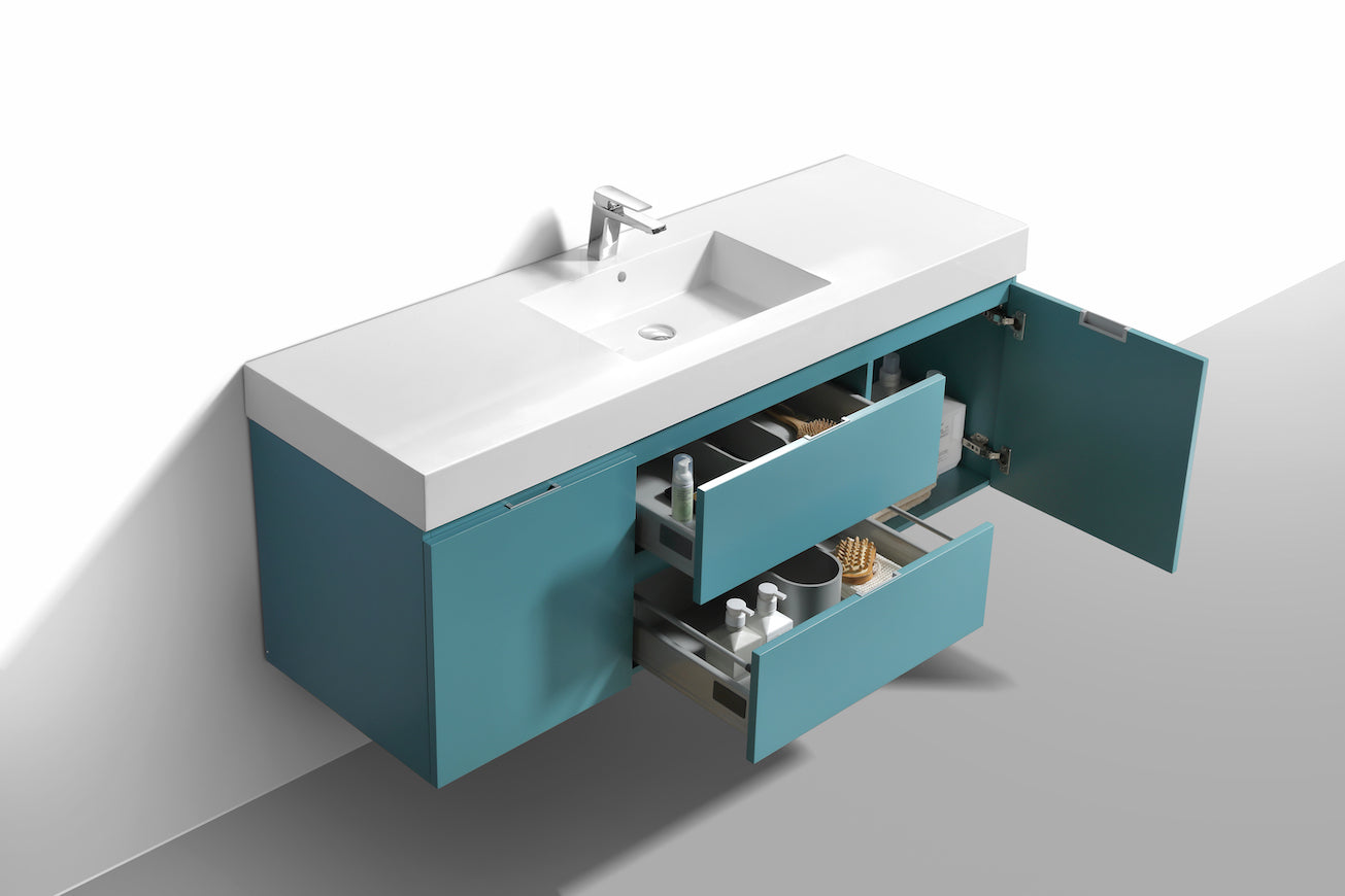 Bliss 60" Teal Green Wall Mount Single Sink Modern Bathroom Vanity