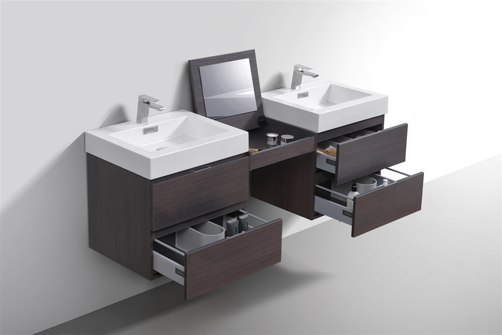 Bliss 68" Gray Oak Wood Wall Mount Double Sink Modern Bathroom Vanity