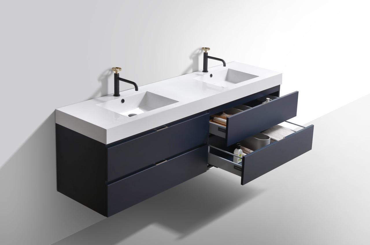 Bliss 71" Navy Blue Wood Wall Mount Double Sink Modern Bathroom Vanity