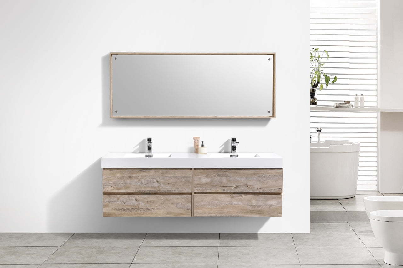 Bliss 72" Nature Wood Wall Mount Double Sink Modern Bathroom Vanity