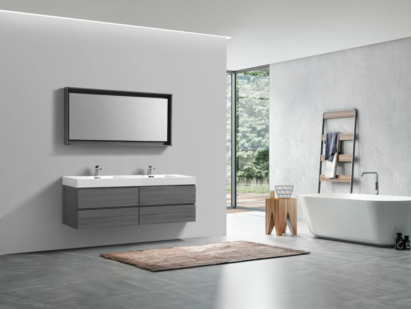 Bliss 71" Vulcan Ash Grey Wood Wall Mount Double Sink Modern Bathroom Vanity