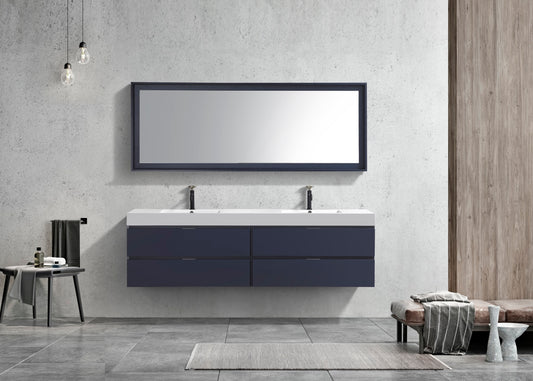 Bliss 80" Navy Blue Wood Wall Mount Double Sink Modern Bathroom Vanity