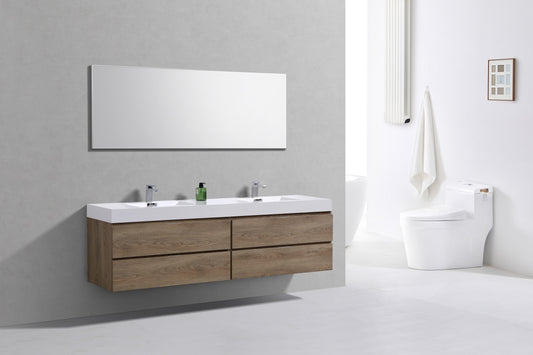 Bliss 80" Butternut Wood Wall Mount Double Sink Modern Bathroom Vanity