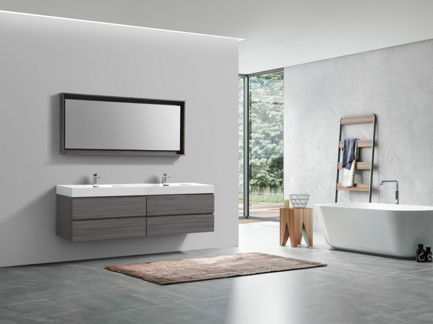 Bliss 80" Vulcan Ash Grey Wood Wall Mount Double Sink Modern Bathroom Vanity