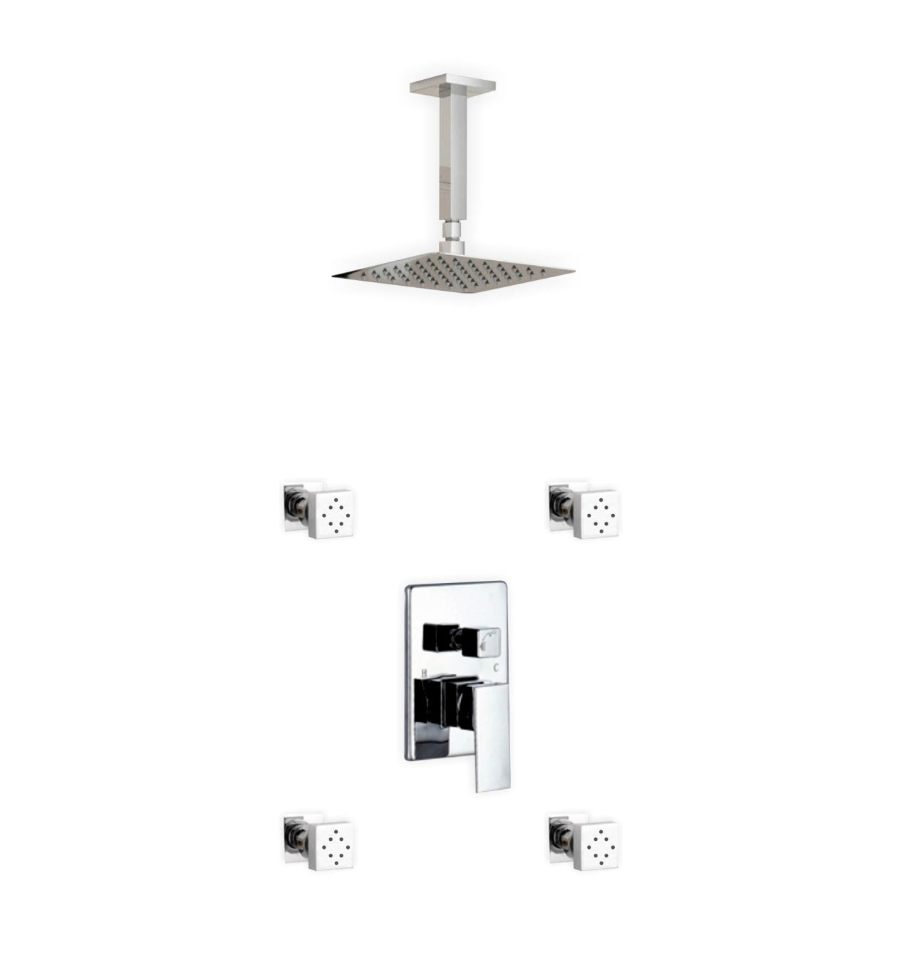 Aqua Piazza Shower Set w/ 8" Ceiling Mount Square Rain Shower and 4 Body Jets