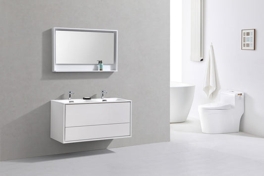 DeLusso 48" Double Sink High Glossy White Wall Mount Modern Bathroom Vanity