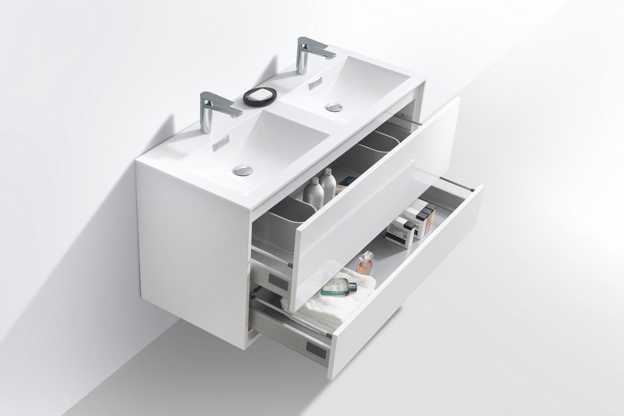DeLusso 48" Double Sink High Glossy White Wall Mount Modern Bathroom Vanity