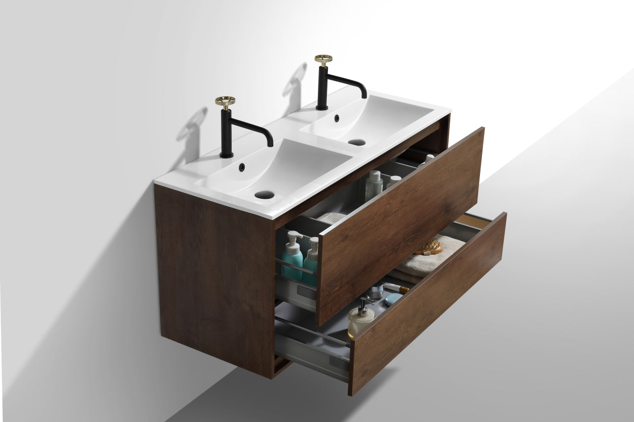 Fitto 48" Double Sink Rosewood Wall Mount Modern Bathroom Vanity