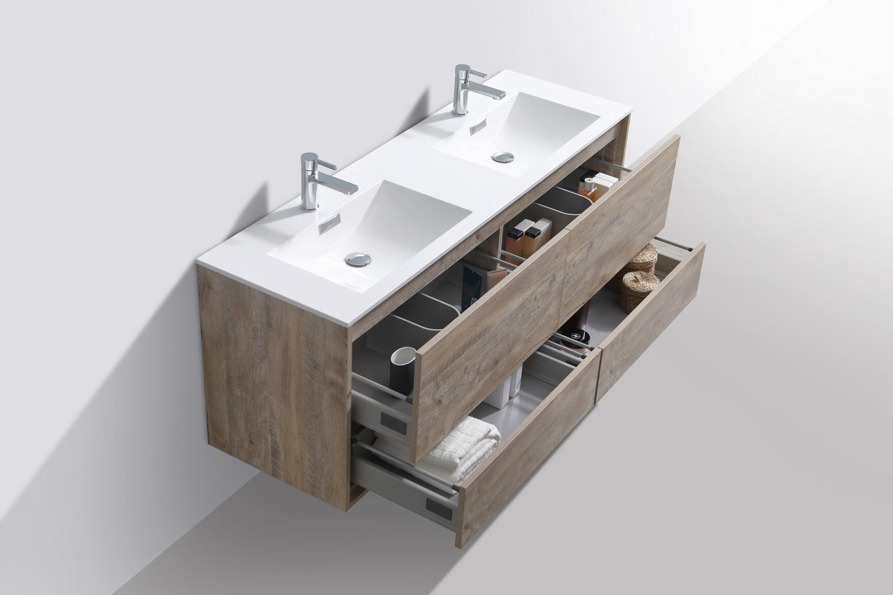 DeLusso 60" Double Sink Nature Wood Wall Mount Modern Bathroom Vanity