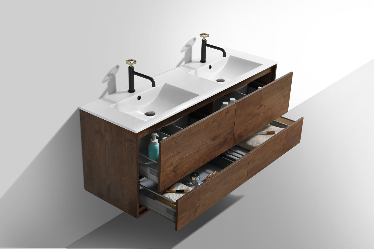 DeLusso 60" Double Sink Rosewood Wall Mount Modern Bathroom Vanity