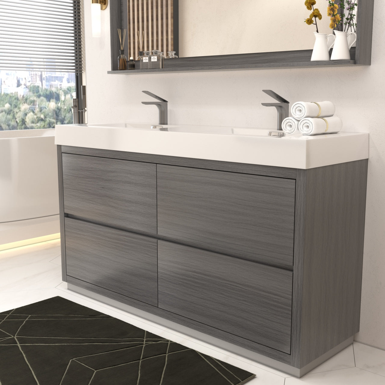 Bliss 60" Vulcan Ash Grey Floor Mount Double Sink Modern Bathroom Vanity