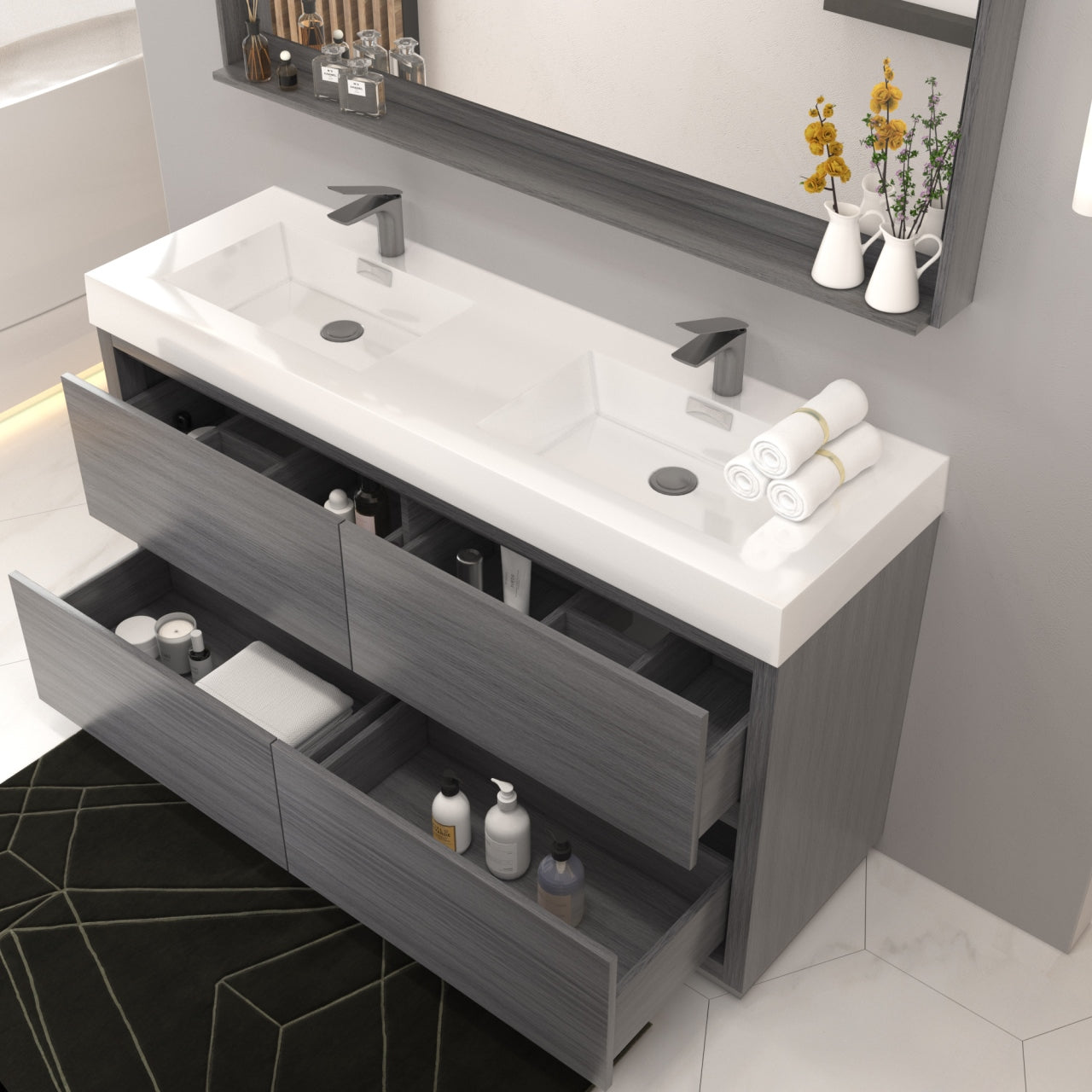 Bliss 60" Vulcan Ash Grey Floor Mount Double Sink Modern Bathroom Vanity