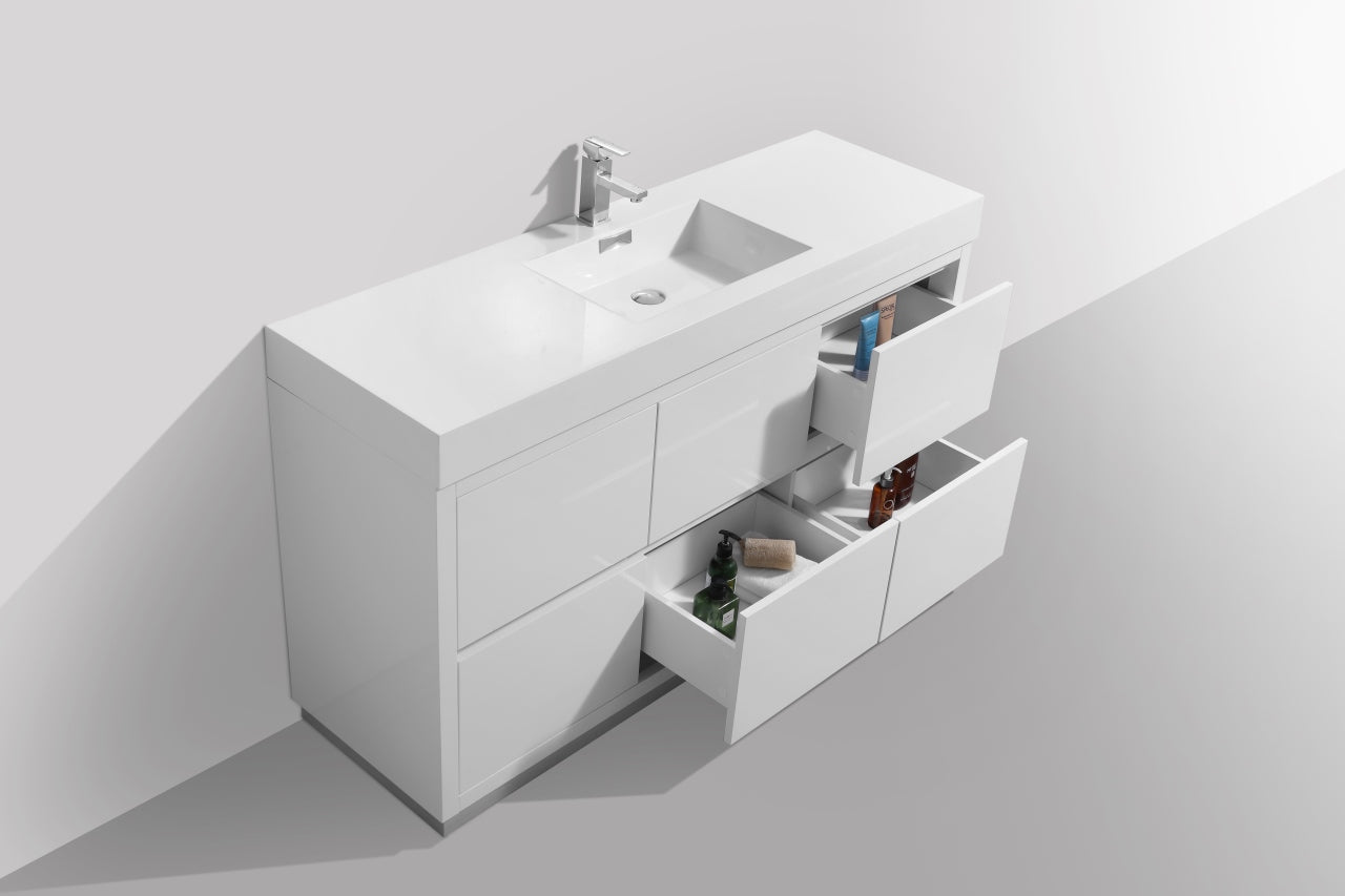 Bliss 60" Single Sink Floor Mount High Gloss White Modern Bathroom Vanity