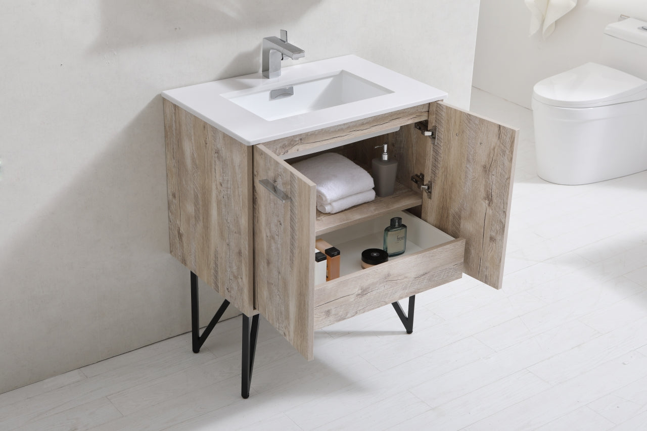 KubeBath Forest 30" Nature Wood Modern Bathroom Vanity w/ Quartz Countertop