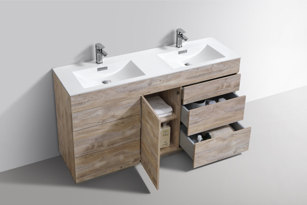 60" Milano Nature Wood Floor Mount Modern Bathroom Vanity with Double Sink - 65% OFF