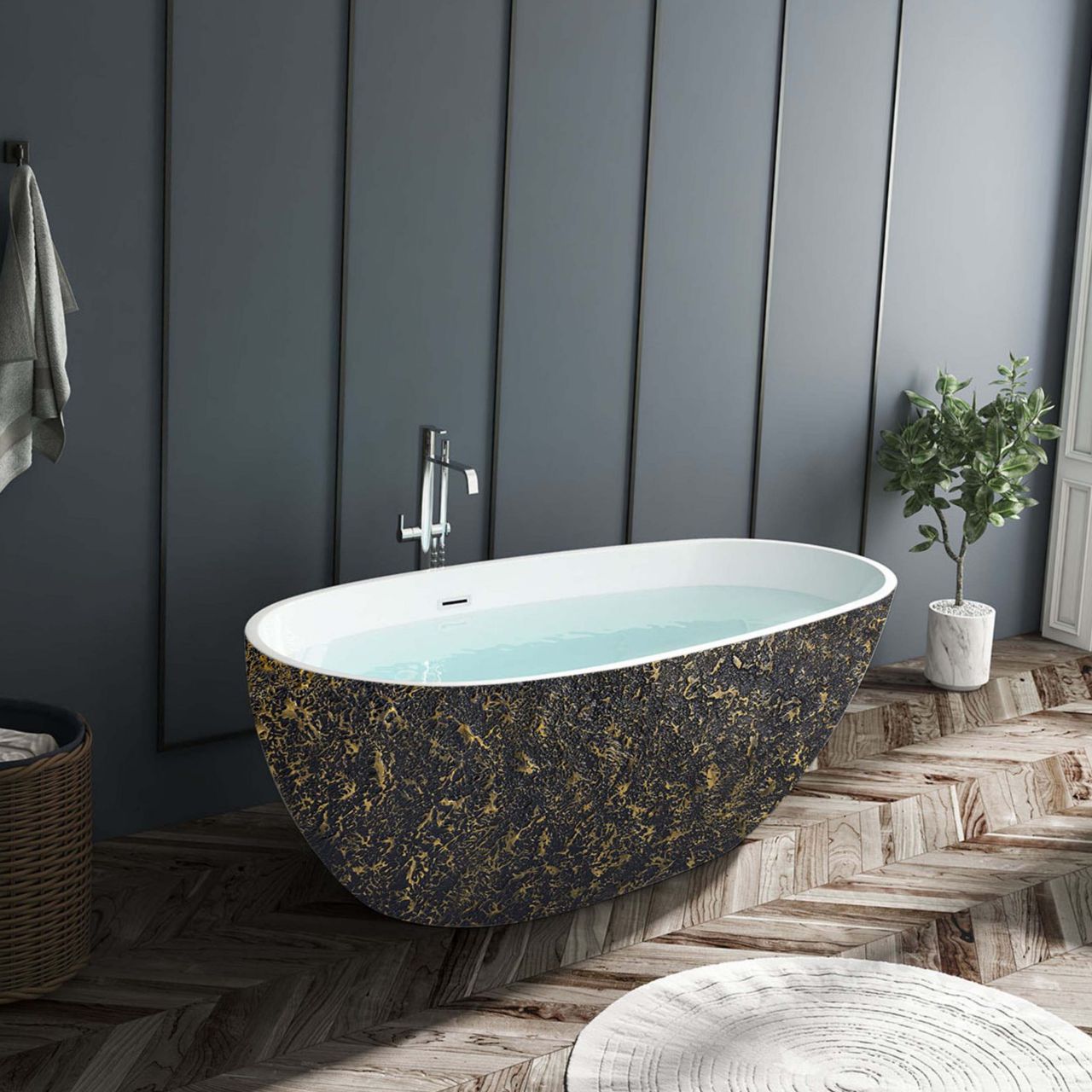 67" Kube BALLI Black and Gold Free Standing Bathtub