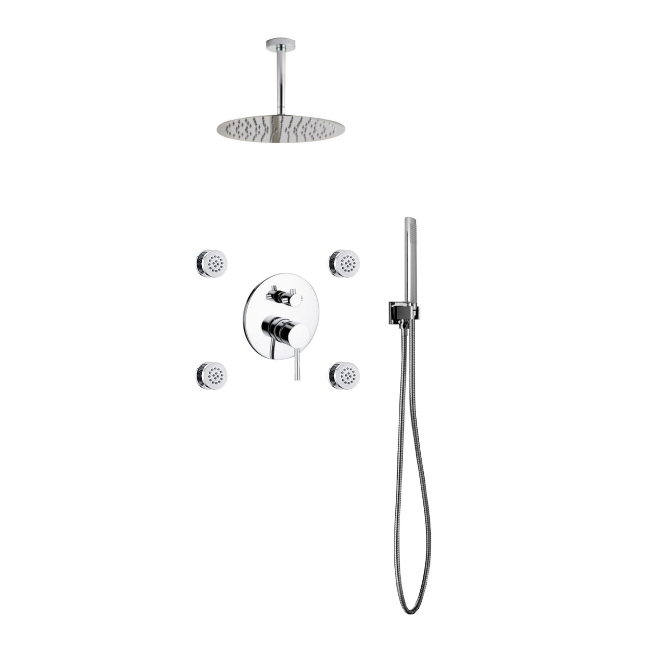 Aqua RONDO Chrome Brass Shower Set w/ 12" Round Rain Shower, 4 Body Jets and Handheld