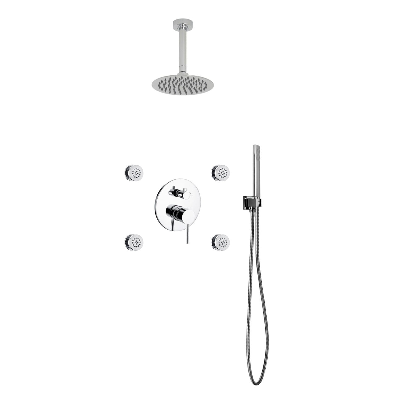 Aqua RONDO Chrome Brass Shower Set w/ 8" Round Rain Shower, 4 Body Jets and Handheld