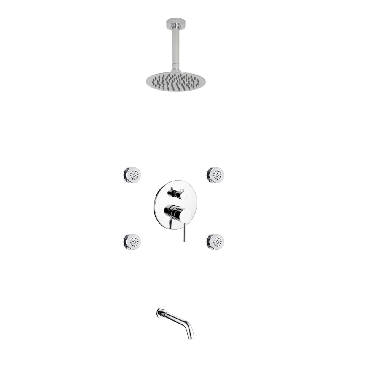 Aqua RONDO Chrome Brass Shower Set w/ 8" Round Rain Shower, 4 Body Jets and Tubfiller