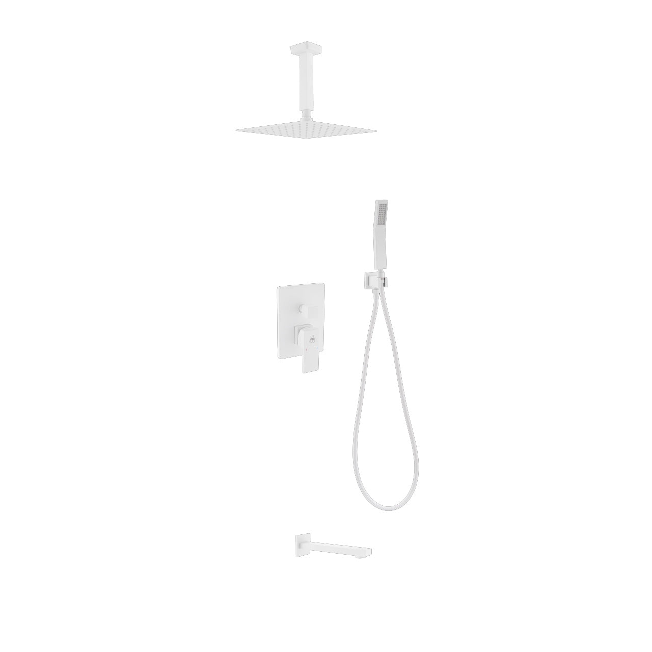 Aqua Piazza White Shower Set w/ 8" Ceiling Mount Square Rain Shower, Handheld and Tub Filler