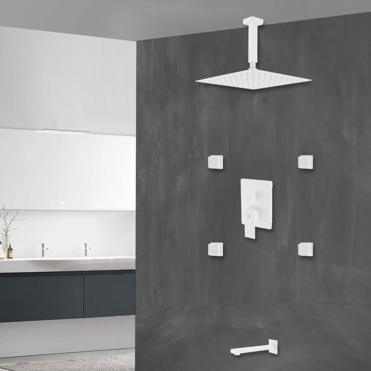Aqua Piazza White Shower Set w/ 12" Ceiling Mount Square Rain Shower, Tub Filler and 4 Body Jets