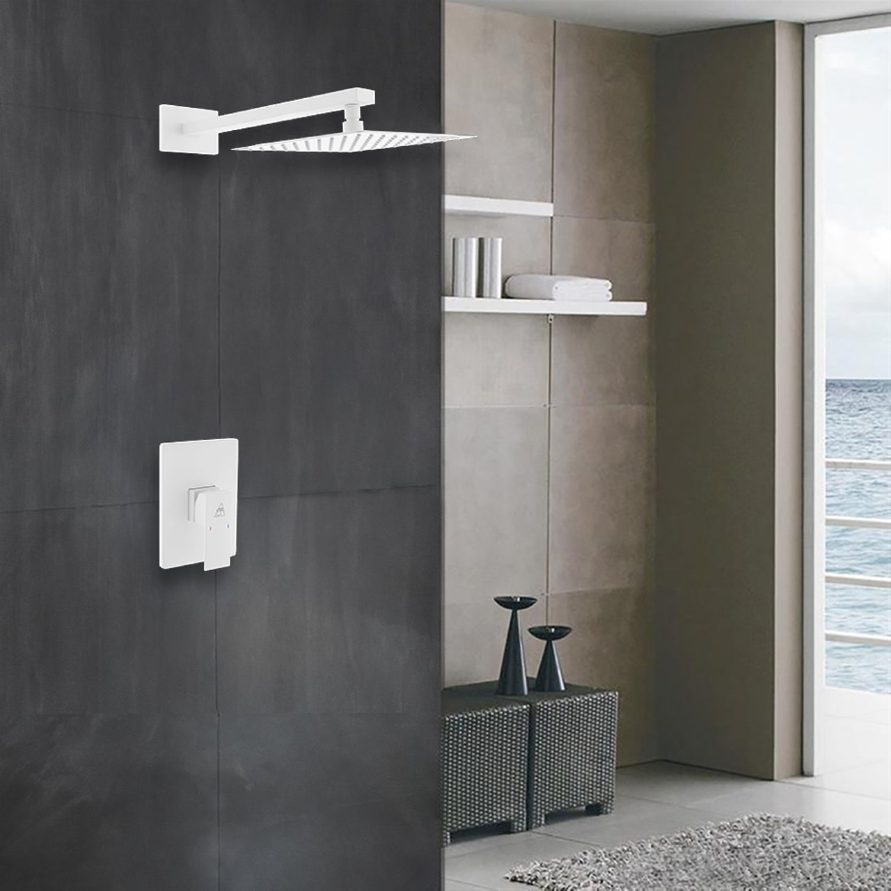 Aqua Piazza White Shower Set w/ 8" Square Rain Shower Head