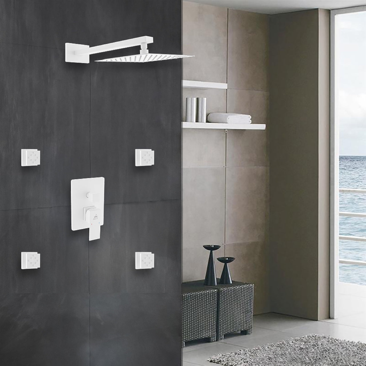 Aqua Piazza White Brass Shower Set w/ 8" Square Rain Shower and 4 Body Jets