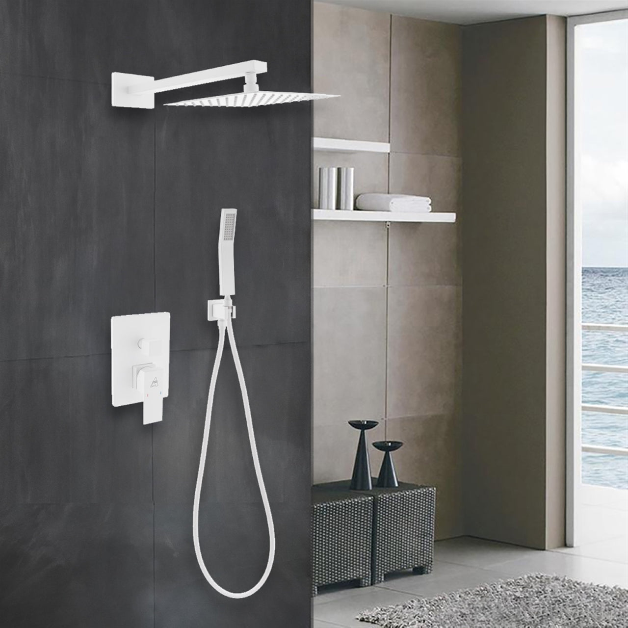 Aqua Piazza White Shower Set w/ 8" Square Rain Shower and Handheld