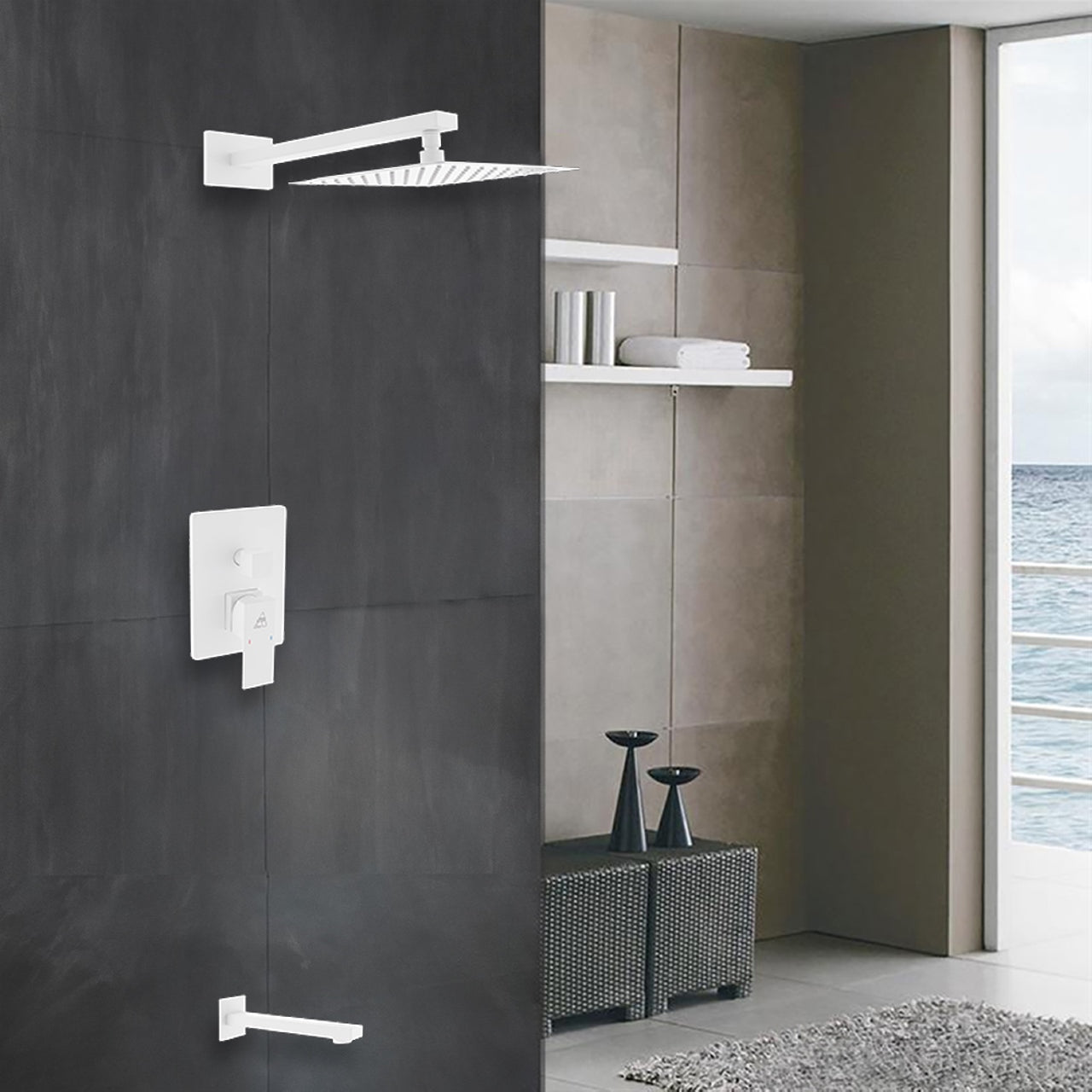 Aqua Piazza White Shower Set w/ 8" Square Rain Shower and Tub Filler