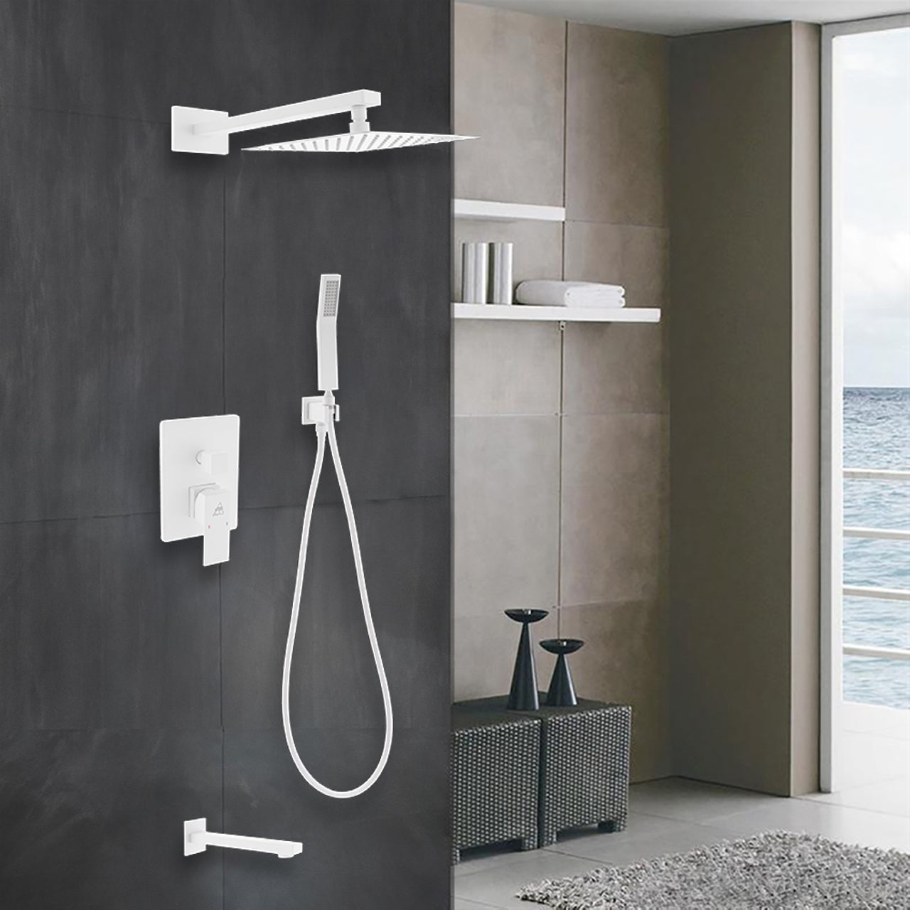 Aqua Piazza White Shower Set w/ 8" Square Rain Shower, Tub Filler and Handheld